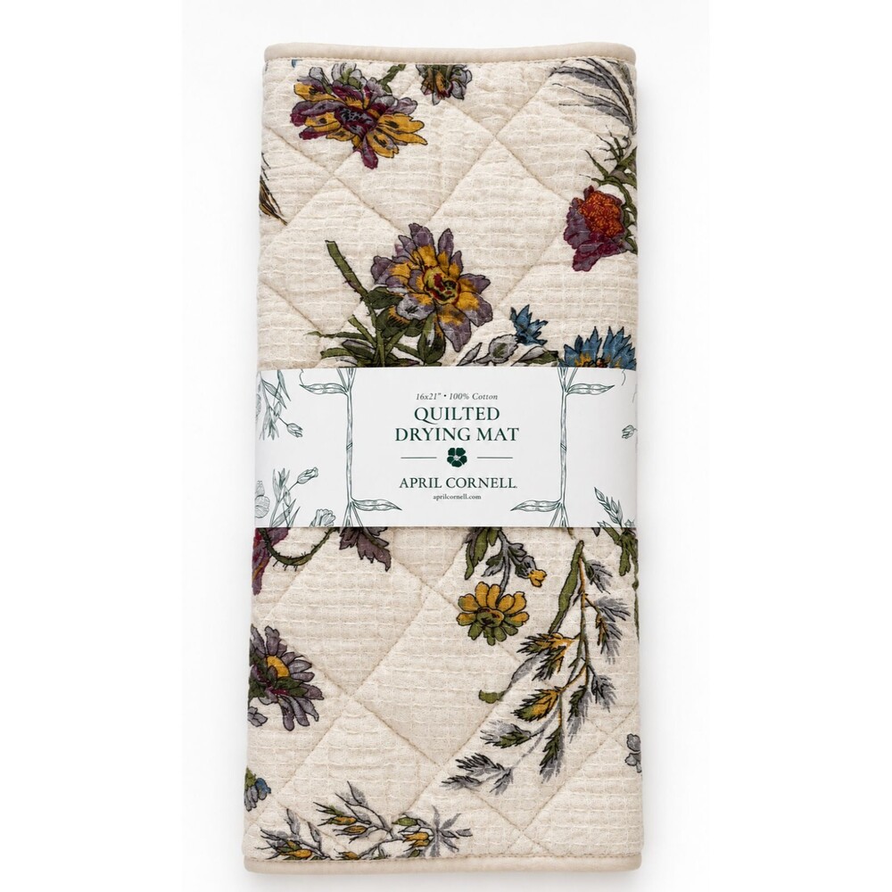 April Cornell Beige WILDFLOWERS Drying Mat Gauze Waffle Weave Top Quilted Back